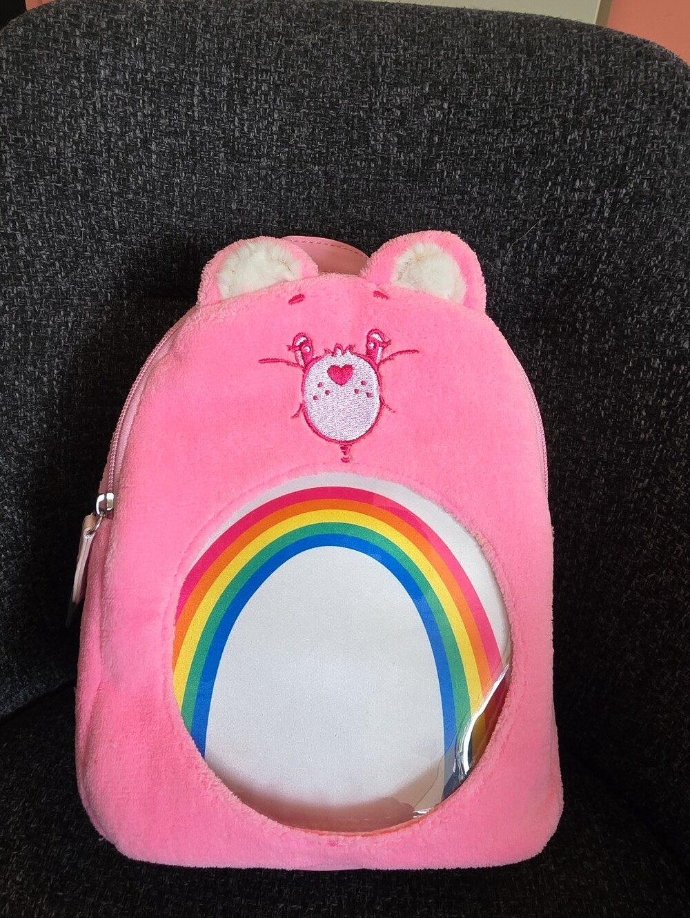 NWT Care Bears Cheer Bear Faux Fur Pink Backpack Bookbag Bag Faux Leather Back